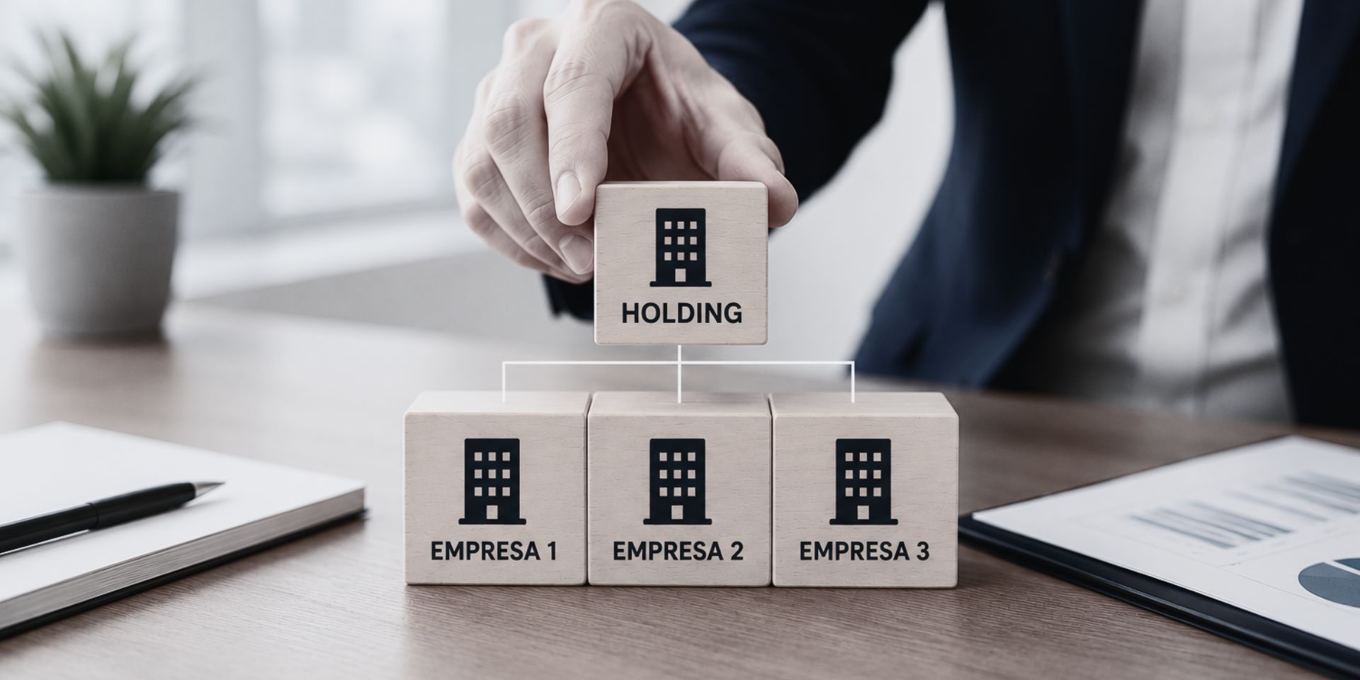 Holding empresarial organizando varias sociedades dentro de una estructura societaria.