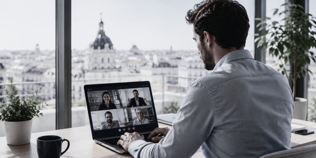 Profesional realizando una videollamada mientras trabaja desde España para una empresa extranjera.