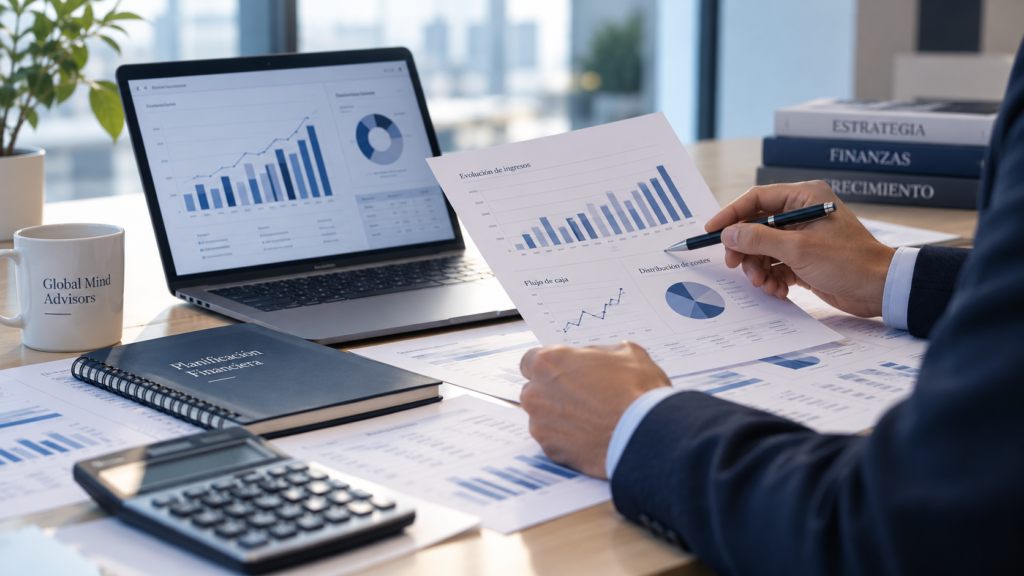 Financial professional analysing revenue, cash flow and operating cost charts at an office desk.