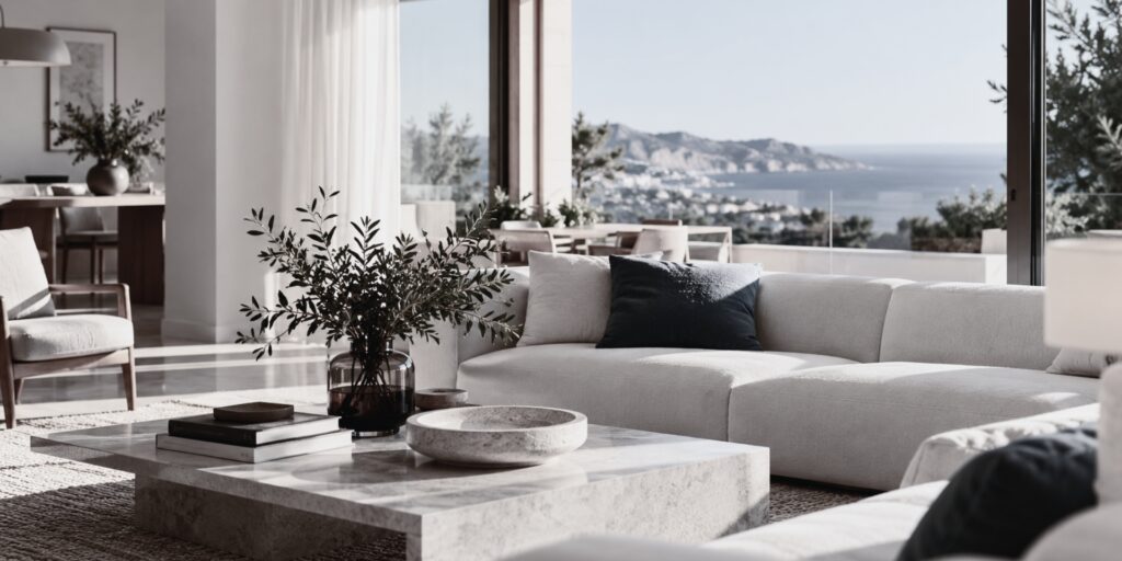 Furnished Mediterranean living room with neutral sofas, a coffee table and sea views.