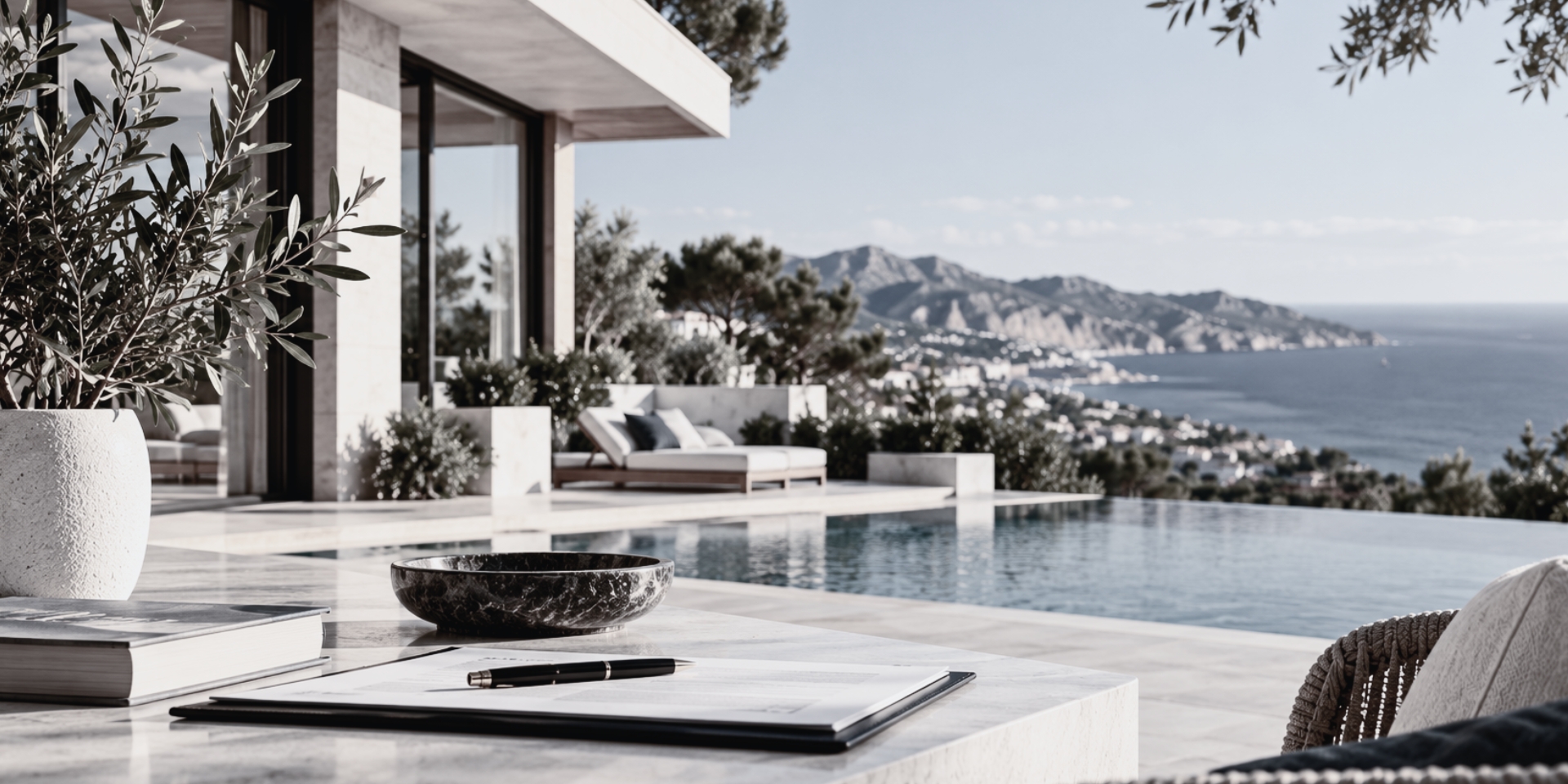 Selling property in Spain: Mediterranean villa with sea views and real estate documents on a terrace.
