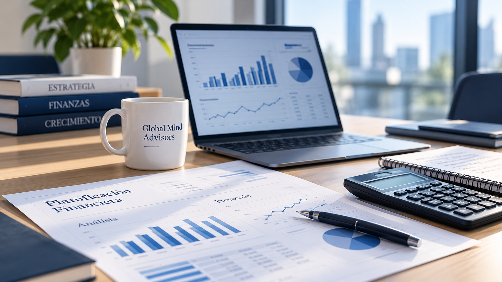 Corporate desk with financial reports, a laptop displaying charts and tools for business financial planning.